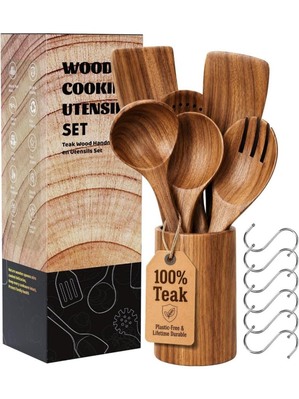 Premium Solid Teak Wooden Utensil Set with Holder - 7 Piece Kitchen Essentials